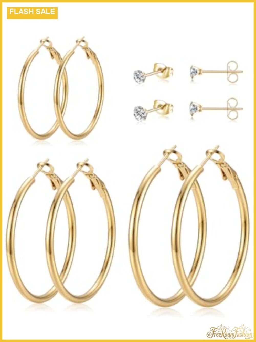 5 Pair Gold Stud Hoop Earrings Set 14K Gold Plated Hypoallergenic for Women
